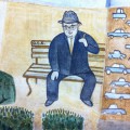 self-portrait in a mural at a Citibank office in San Francisco, a man in a blue suit and a gray hat sitting on a park bench with a cigarette in his hand